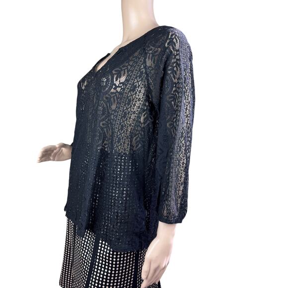 Laundry by Shelli Segal Black Lace See Thru Split Neck 3/4 Sleeve Blouse Size M - Picture 3 of 8